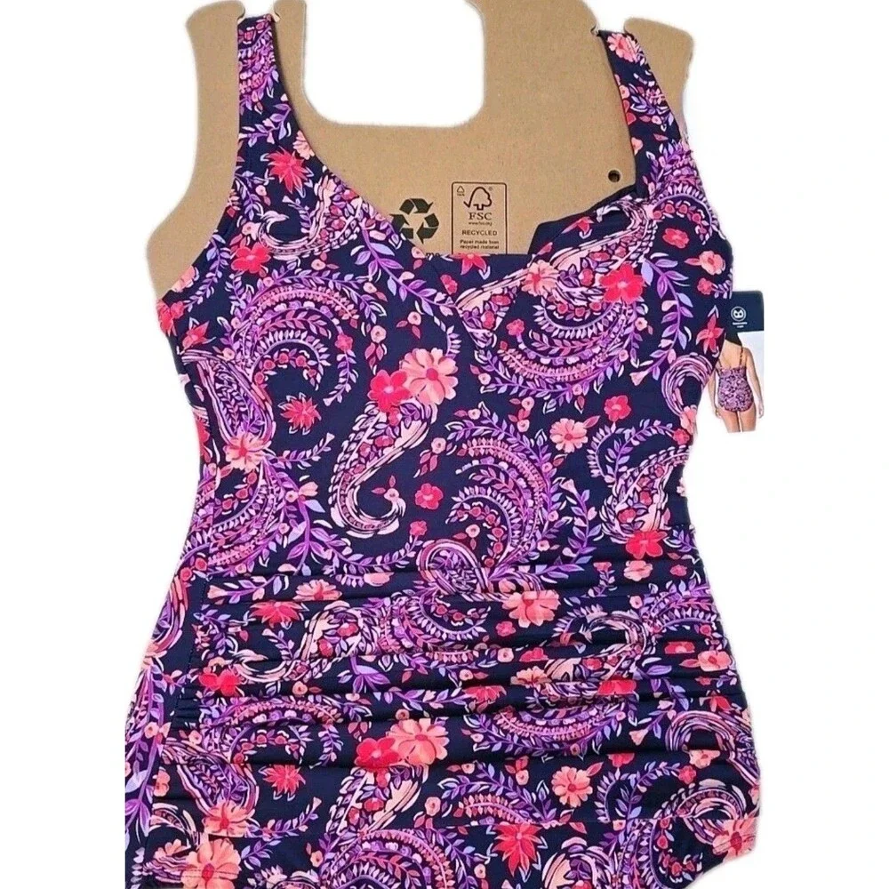 Lands End Slimming Grecian Swimsuit One-piece Purple Paisley Size S